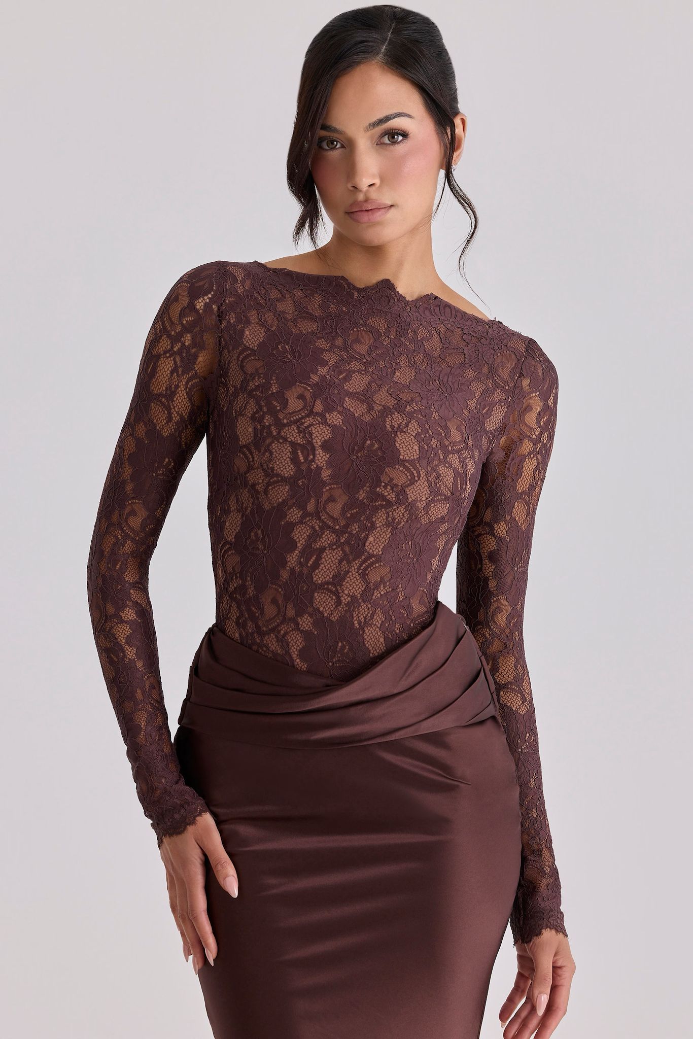 Drapiertes Spitzen-Maxikleid