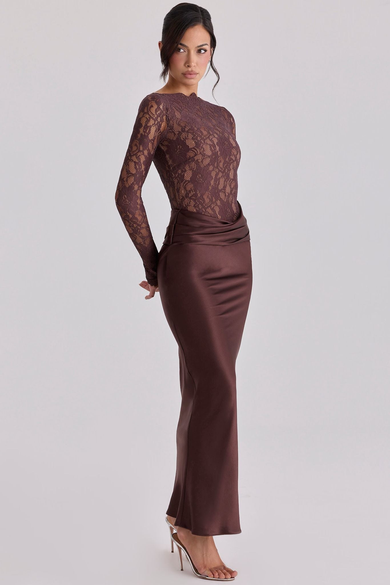 Drapiertes Spitzen-Maxikleid