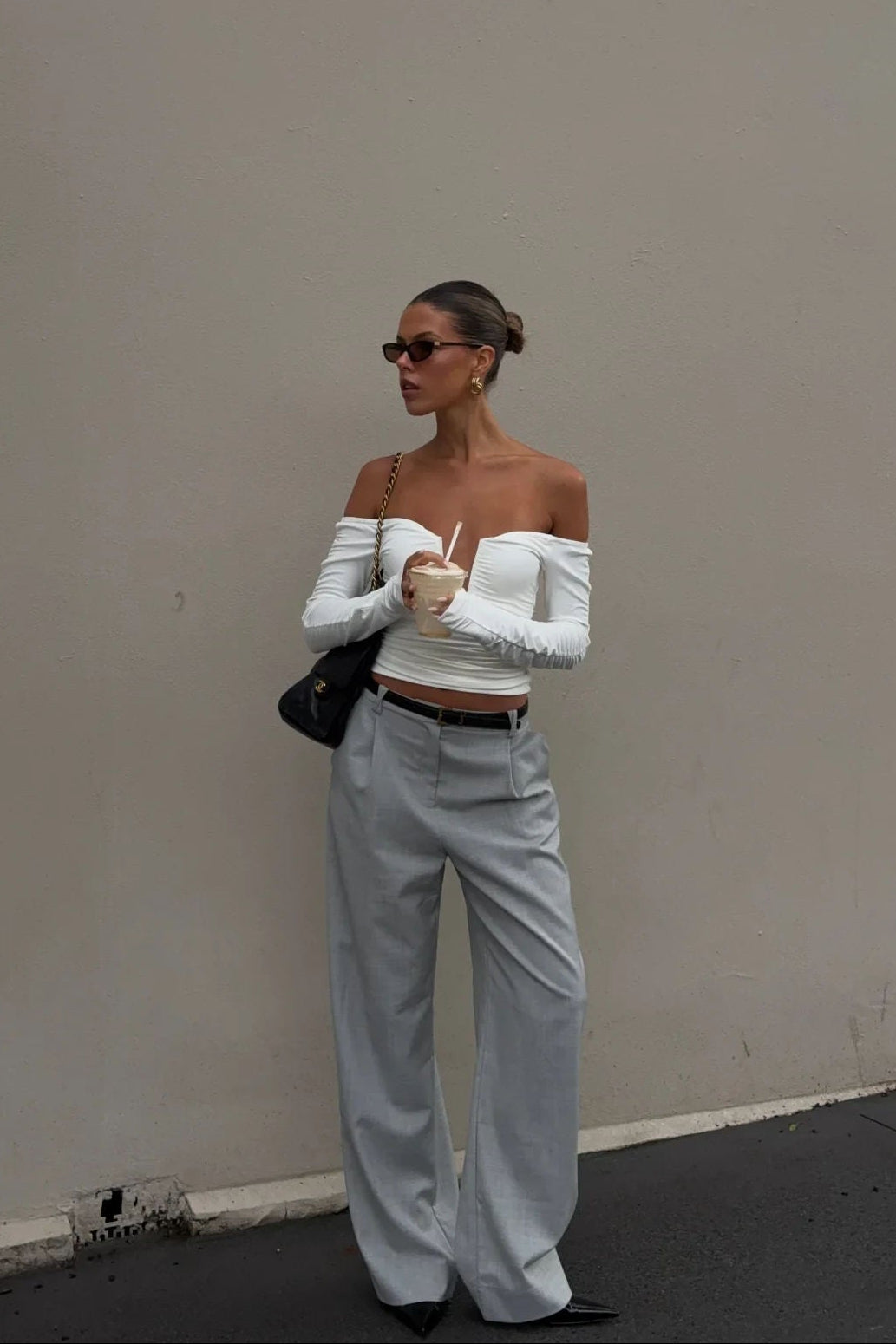 Off-Shoulder Ruched Long Sleeve Top