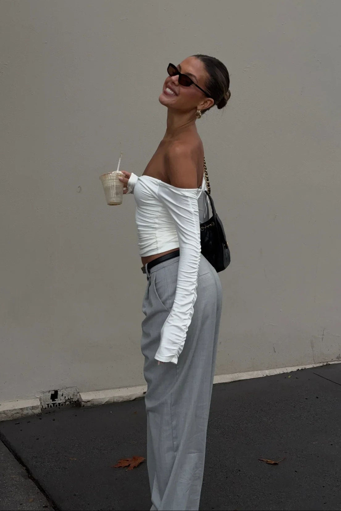 Off-Shoulder Ruched Long Sleeve Top