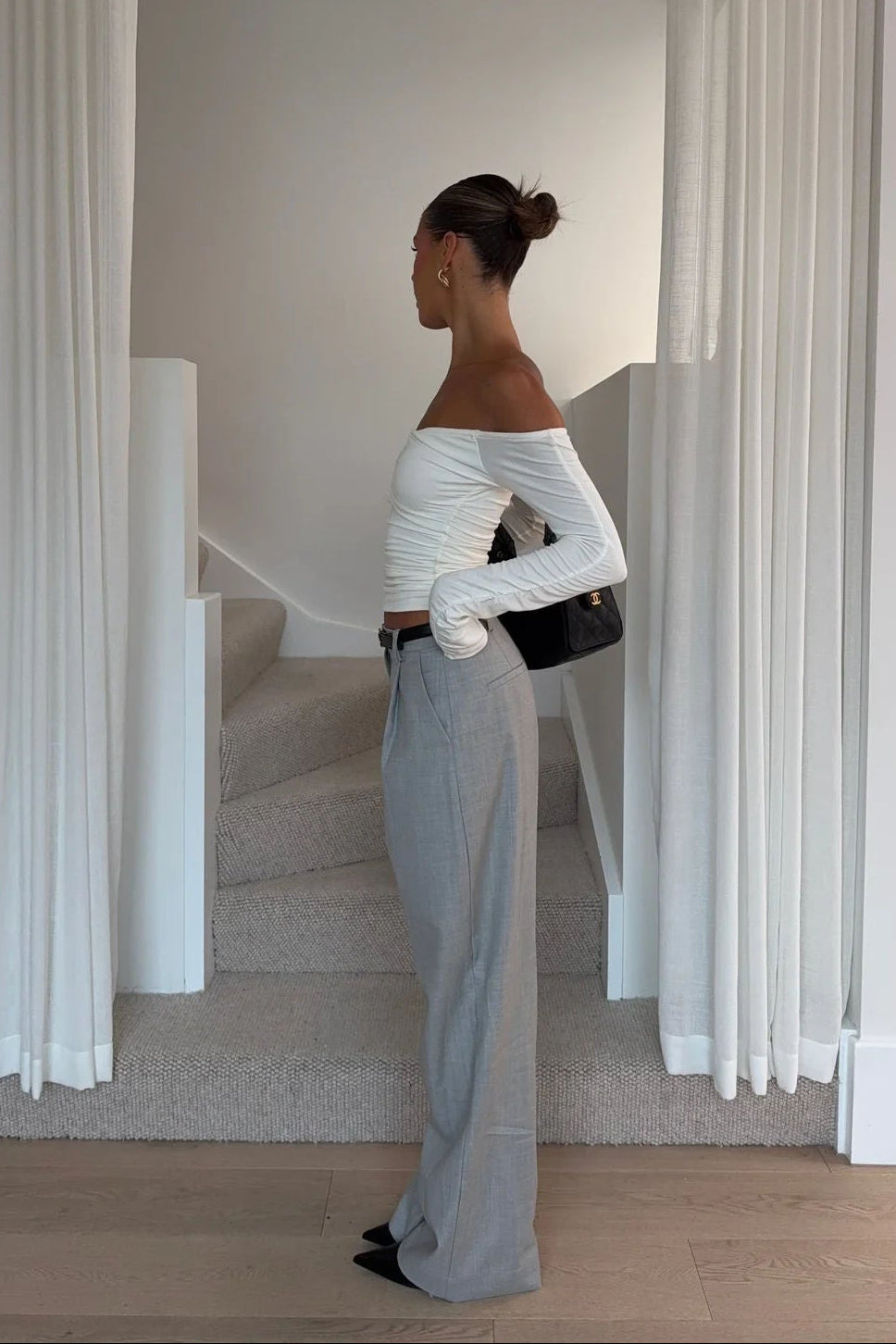 Off-Shoulder Ruched Long Sleeve Top
