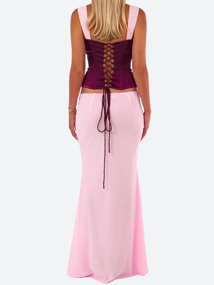 Floral Lace-up Corset Top & Mermaid Skirt Set