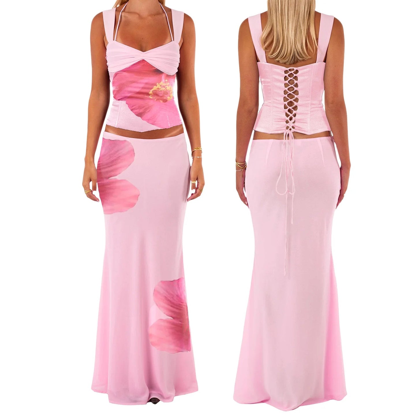 Floral Lace-up Corset Top & Mermaid Skirt Set