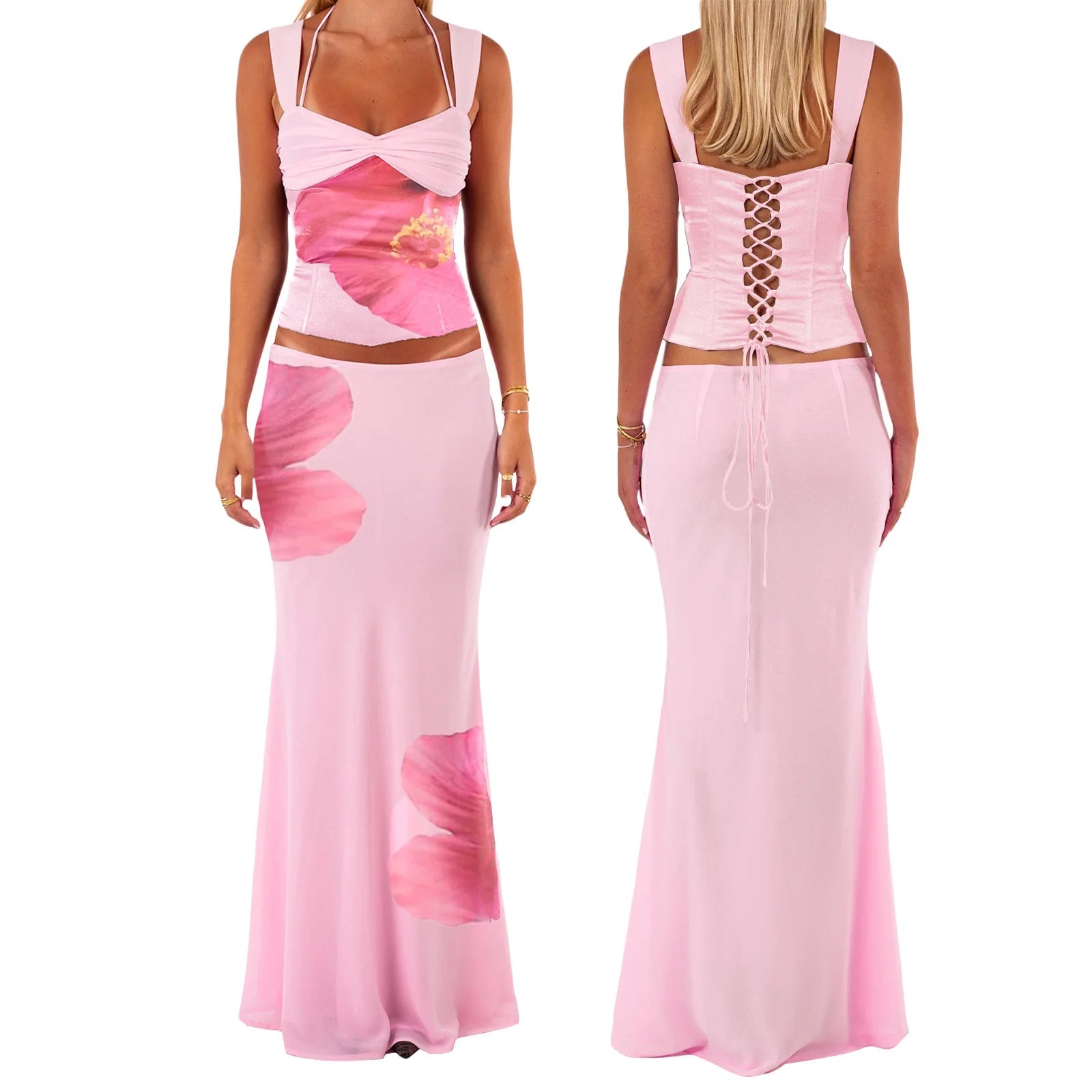 Floral Lace-up Corset Top & Mermaid Skirt Set